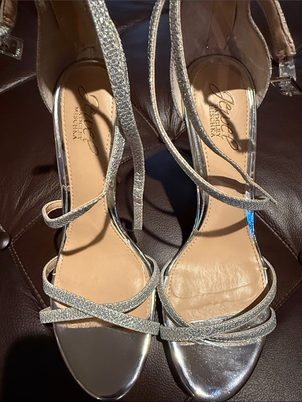 Jewel Badgley Mischka Silver Glitter Strappy Sandals
